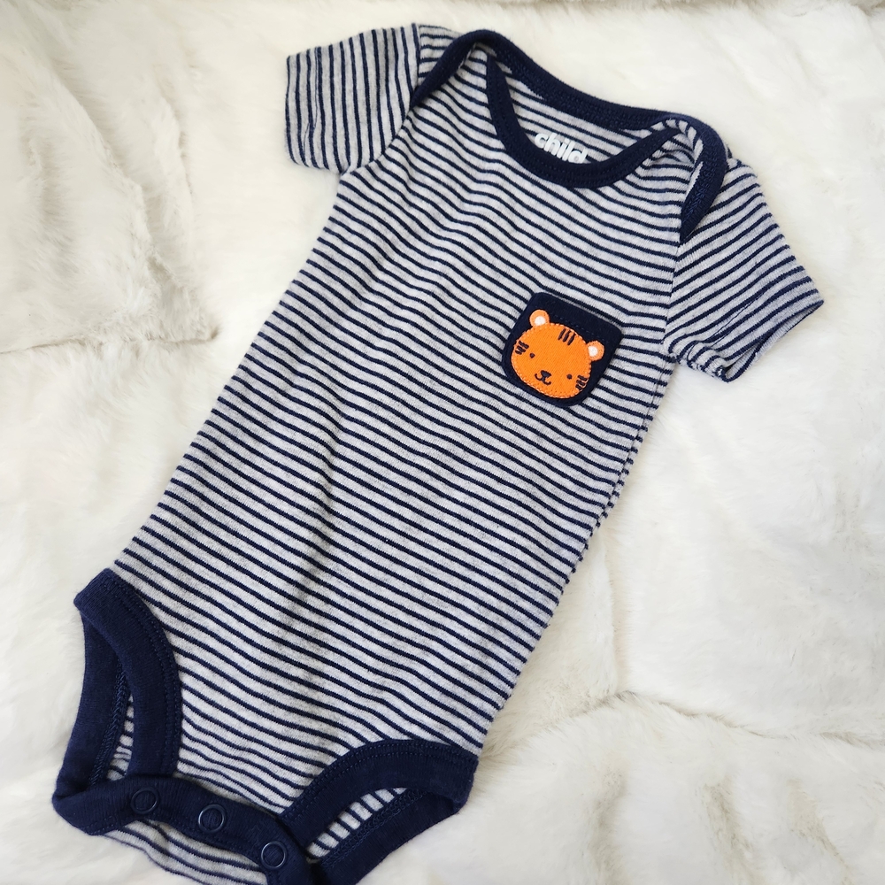 Child of Mine Navy and White Striped Bodysuit with Tiger Patch